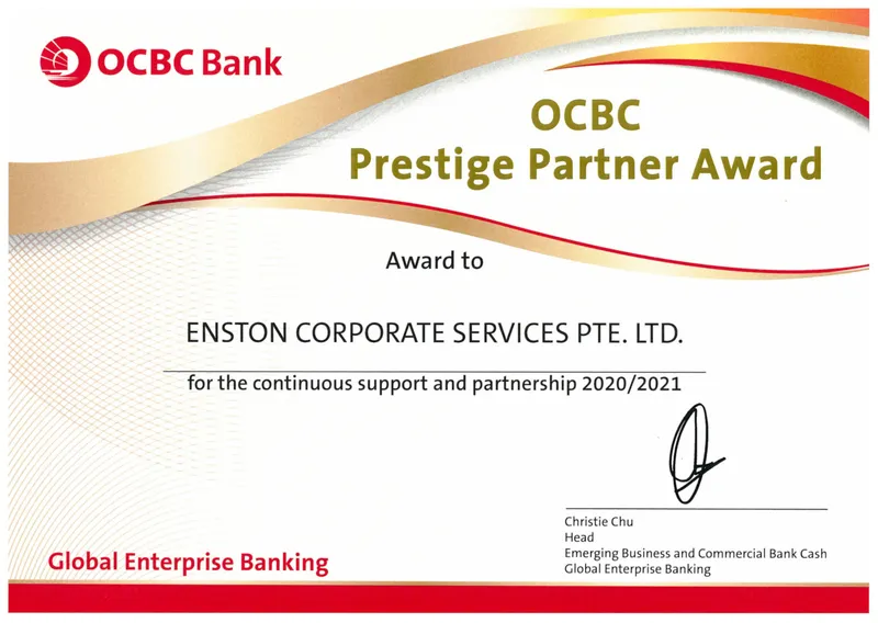 OCBC Bank Prestige Partner Award presented to Enston Corporate Services Pte. Ltd. for 2020/2021