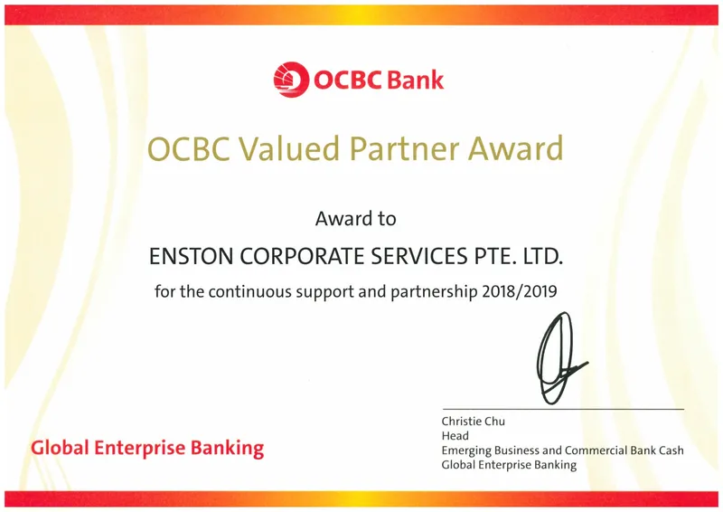 OCBC Bank Valued Partner Award presented to Enston Corporate Services Pte. Ltd. for 2018/2019