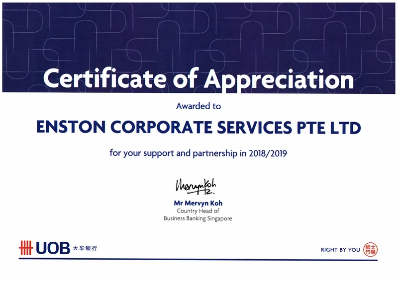 UOB Certificate of Appreciation presented to Enston Corporate Services Pte. Ltd. for 2018/2019