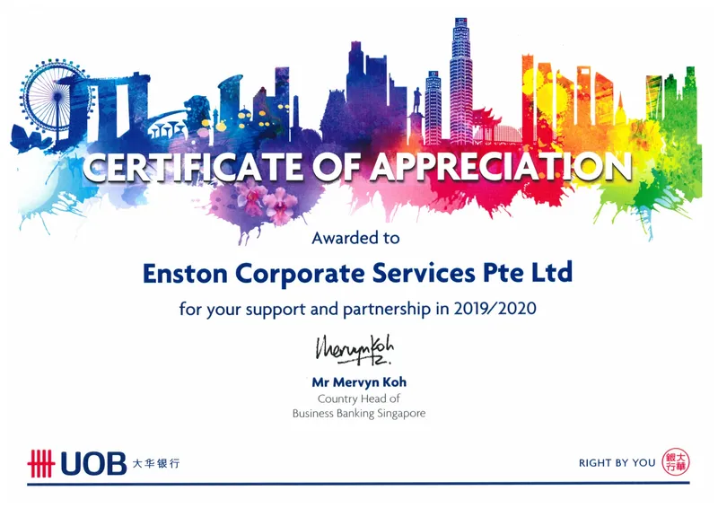 UOB Certificate of Appreciation presented to Enston Corporate Services Pte. Ltd. for 2019/2020
